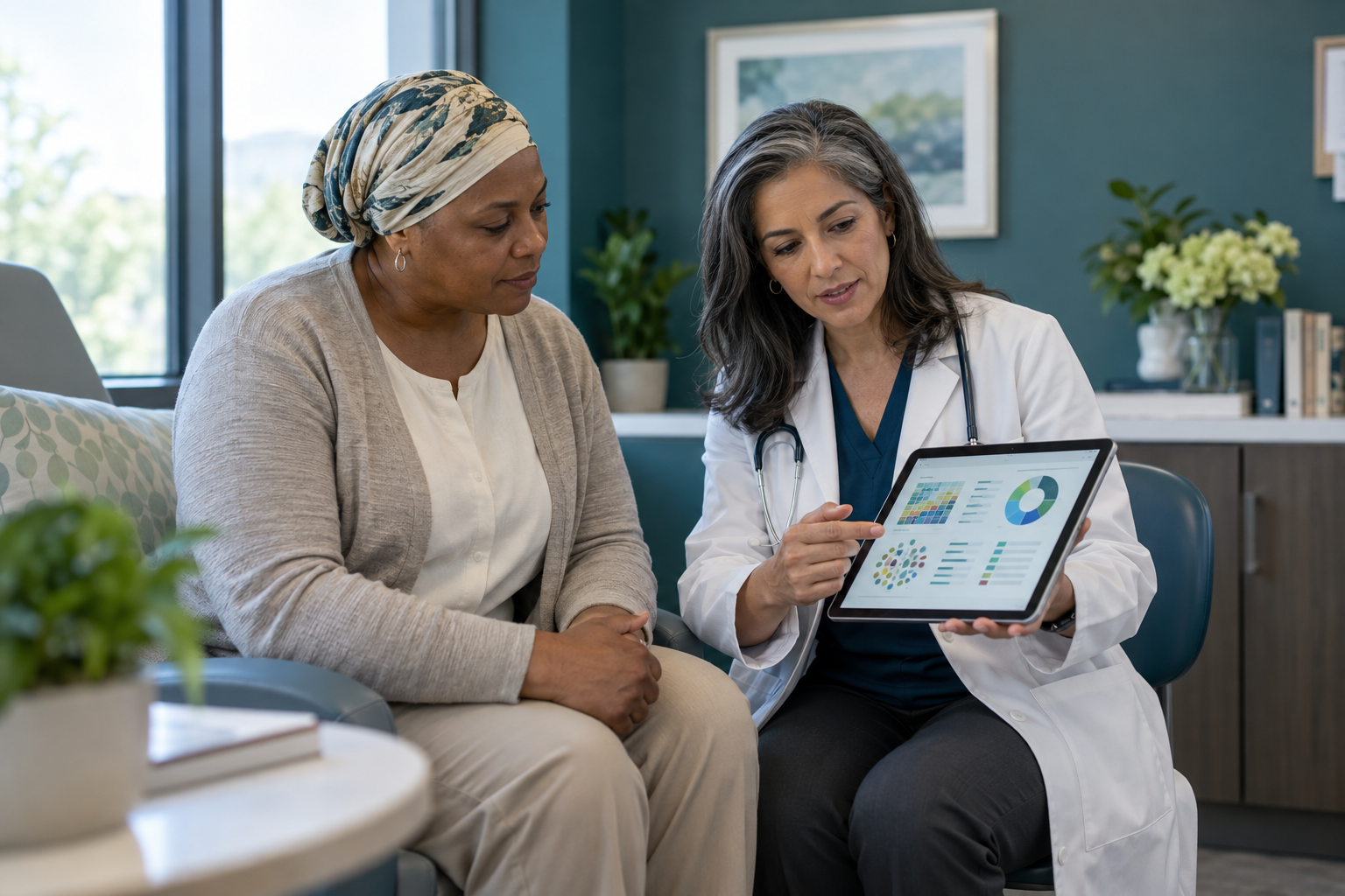 Oncologist discussing genomic profiling insights with a patient